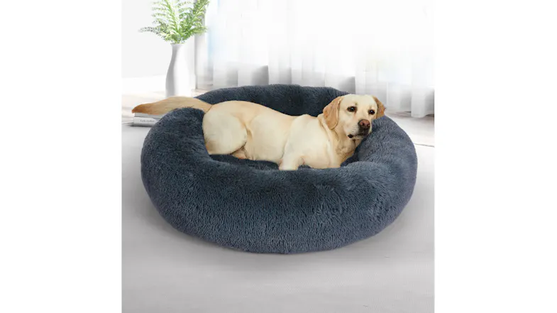 A large dog lying comfortably on a round PaWz Fluffy pet bed indoors A large dog lying comfortably on a round PaWz Fluffy pet bed indoors