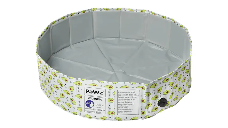 A foldable, round PaWz pet pool featuring a grey interior and an avocado‑print exterior, shown empty A foldable, round PaWz pet pool featuring a grey interior and an avocado‑print exterior, shown empty