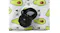 A close‑up view of the pet pool’s black drain cap set against a white exterior decorated with an avocado print A close‑up view of the pet pool’s black drain cap set against a white exterior decorated with an avocado print