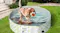 A dog playing with a ball in a water‑filled, round pet pool featuring an avocado print, set in a backyard A dog playing with a ball in a water‑filled, round pet pool featuring an avocado print, set in a backyard