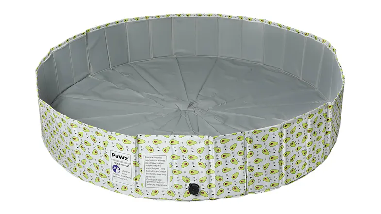 Front view of a foldable round pet pool with grey interior and avocado‑print sides Front view of a foldable round pet pool with grey interior and avocado‑print sides