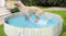 A large dog jumping and splashing in an avocado-patterned pet pool with a yellow toy A large dog jumping and splashing in an avocado-patterned pet pool with a yellow toy