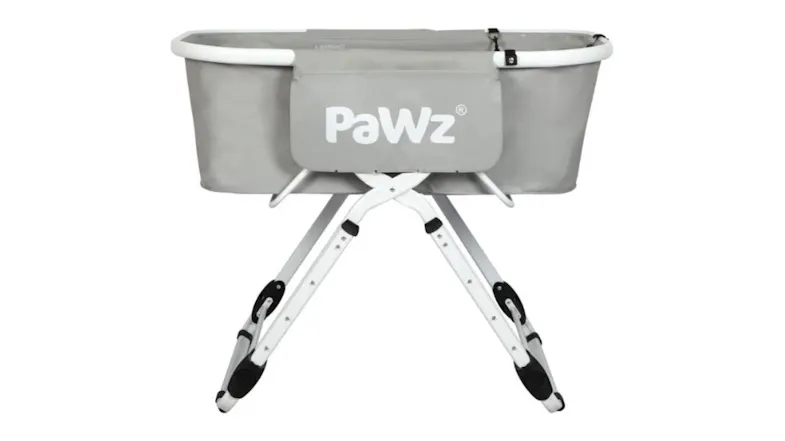 Front view of a grey-and-white Pawz elevated, foldable pet bathtub Front view of a grey-and-white Pawz elevated, foldable pet bathtub