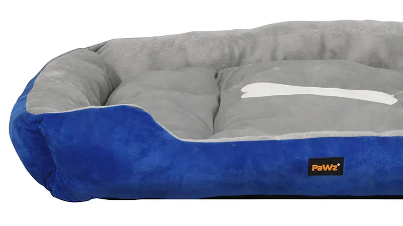 Close-up of a grey PaWz pet bed with a blue base and soft padded sides Close-up of a grey PaWz pet bed with a blue base and soft padded sides