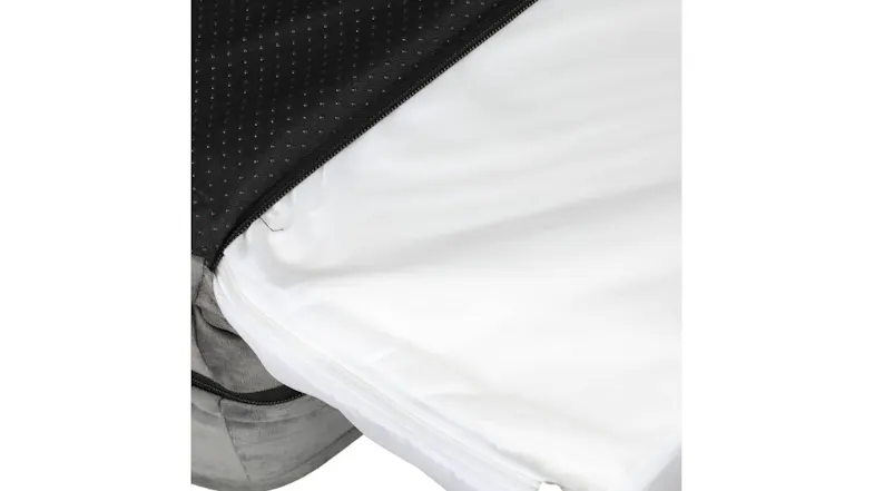 Close‑up of a pet bed’s unzipped cover showing the white inner liner and black non‑slip fabric Close‑up of a pet bed’s unzipped cover showing the white inner liner and black non‑slip fabric