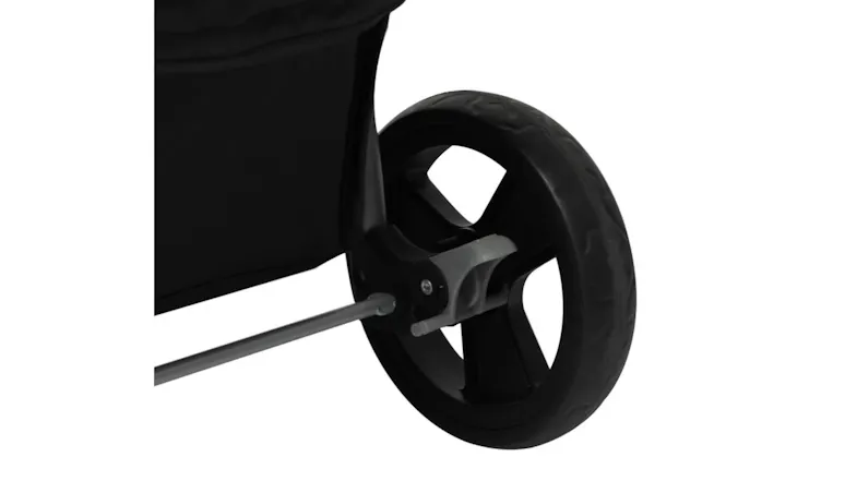 A detailed view of PaWz pet stroller rear wheel showing a durable tri‑wheel design for stability and smooth movement A detailed view of PaWz pet stroller rear wheel showing a durable tri‑wheel design for stability and smooth movement