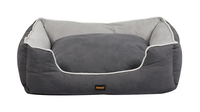 A front view of the PaWz Deluxe Plush Bet Bed with Mattress, Bolsters 100 x 80cm in grey finish A front view of the PaWz Deluxe Plush Bet Bed with Mattress, Bolsters 100 x 80cm in grey finish