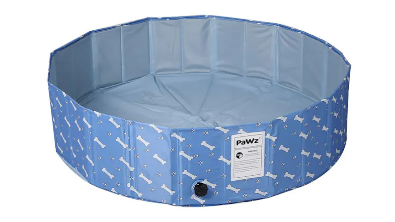 A front view of the PaWz Folding Pet Pool with Spigot 80 x 20cm with light blue/bone pattern tern A front view of the PaWz Folding Pet Pool with Spigot 80 x 20cm with light blue/bone pattern tern
