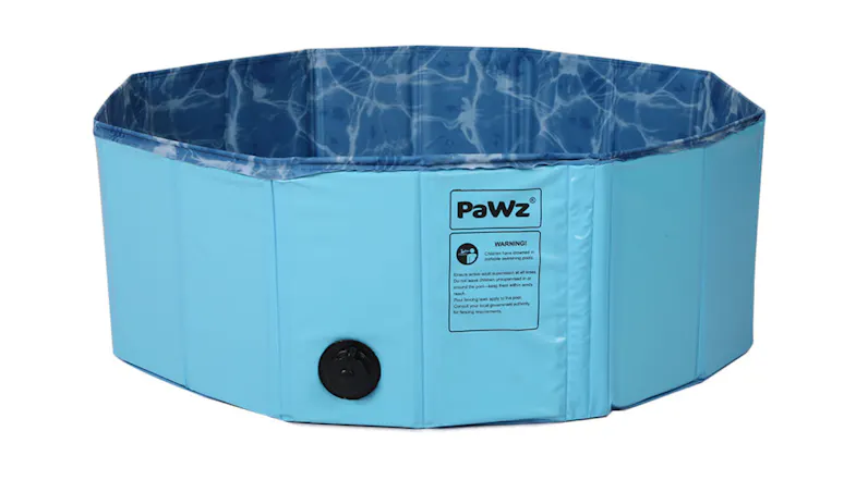 A PaWz folding pet pool featuring a water-blue patterned interior and a side drain plug A PaWz folding pet pool featuring a water-blue patterned interior and a side drain plug