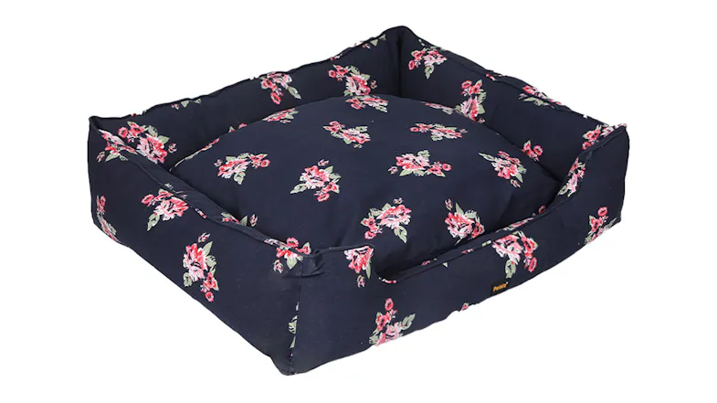 Navy square dog bed with floral pattern and raised cushioned sides Navy square dog bed with floral pattern and raised cushioned sides
