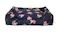 Plush square dog bed in navy blue with floral print and raised edges Plush square dog bed in navy blue with floral print and raised edges