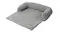 A left-angled view of a grey plush pet sofa bed with raised bolstered sides A left-angled view of a grey plush pet sofa bed with raised bolstered sides