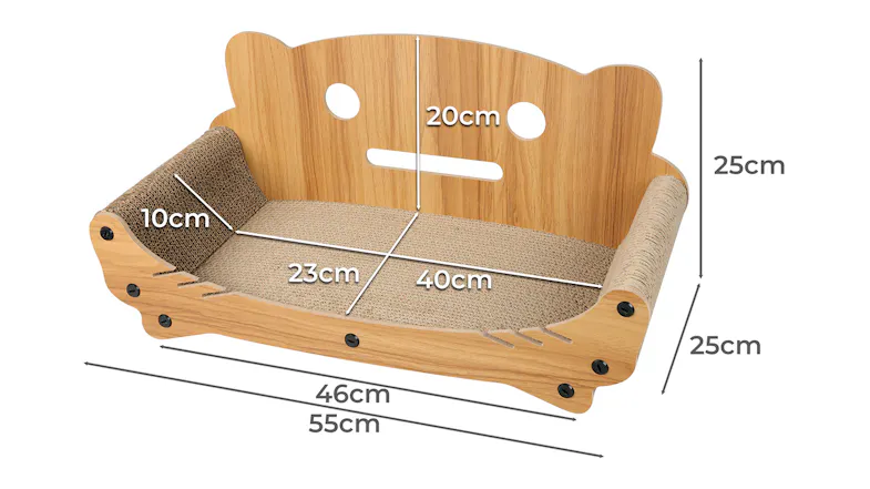 A wooden cat sofa scratcher with labelled dimensions showing the width, height, and scratching areas A wooden cat sofa scratcher with labelled dimensions showing the width, height, and scratching areas