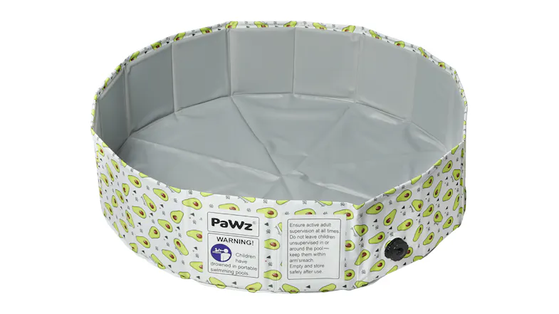 A round folding pet pool with avocado pattern and grey interior, featuring a drainage cap and safety labels A round folding pet pool with avocado pattern and grey interior, featuring a drainage cap and safety labels