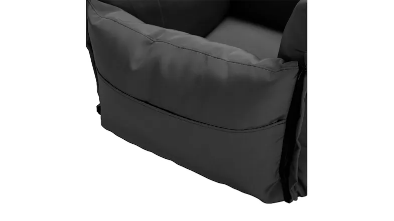 Close-up of the back of a black padded seat, showing smooth fabric, stitching details, and a side attachment strap Close-up of the back of a black padded seat, showing smooth fabric, stitching details, and a side attachment strap
