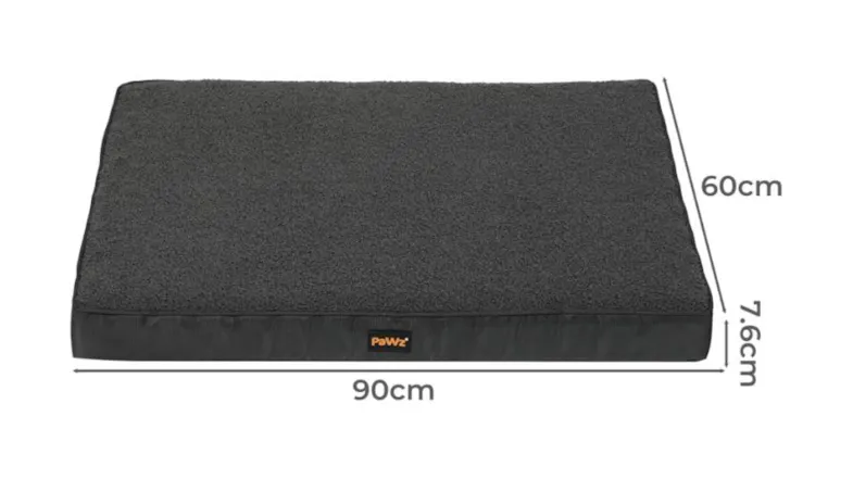 An orthopedic fleece pet bed with labelled dimensions An orthopedic fleece pet bed with labelled dimensions