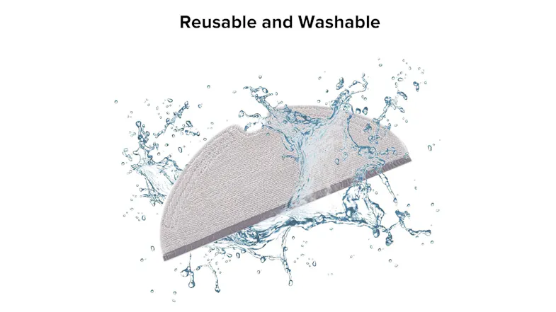 A grey, semicircle-shaped mop pad surrounded by splashing water to indicate its reusable and washable design A grey, semicircle-shaped mop pad surrounded by splashing water to indicate its reusable and washable design