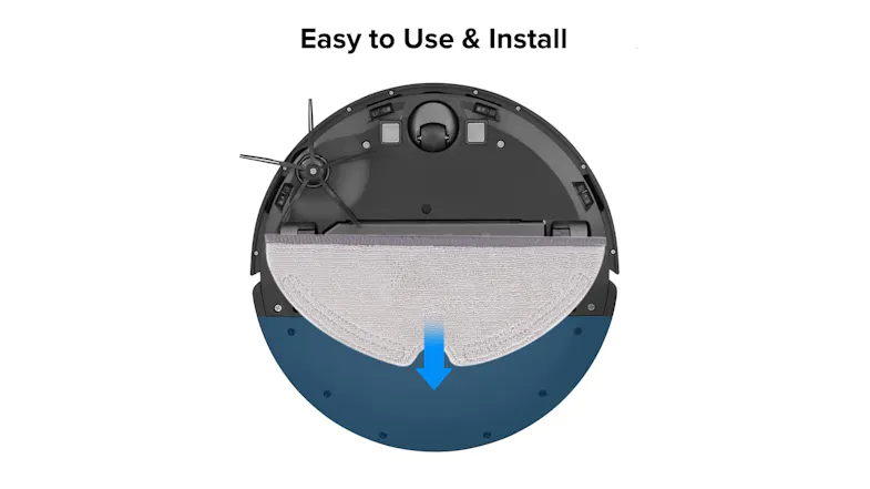 A bottom view of a robot vacuum with a mop pad being inserted, and a blue arrow highlighting easy installation A bottom view of a robot vacuum with a mop pad being inserted, and a blue arrow highlighting easy installation