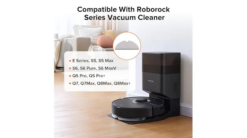 A robot vacuum docked next to a compatibility list displaying supported Roborock models A robot vacuum docked next to a compatibility list displaying supported Roborock models