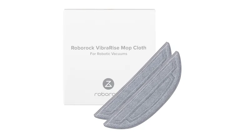 Two curved grey microfibre mop pads are placed in front of a Roborock VibraRise Mop Cloth product box Two curved grey microfibre mop pads are placed in front of a Roborock VibraRise Mop Cloth product box
