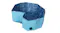 Light blue folding pet pool partially collapsed to show its flexible panel design and water‑pattern interior, with spigot visible on the exterior Light blue folding pet pool partially collapsed to show its flexible panel design and water‑pattern interior, with spigot visible on the exterior