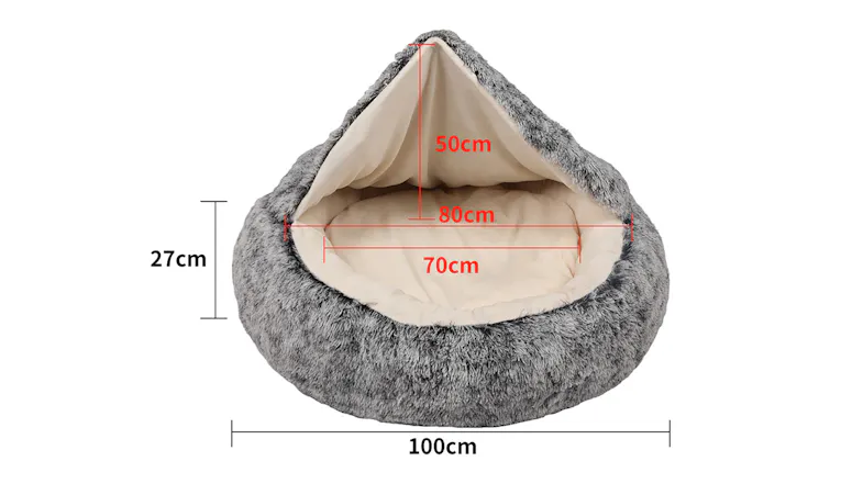 A hooded charcoal pet bed with a cream interior, shown with measurements in centimetres A hooded charcoal pet bed with a cream interior, shown with measurements in centimetres