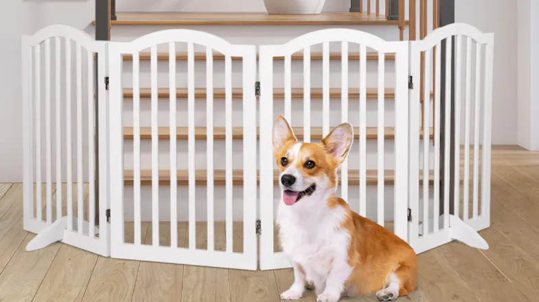 A corgi sitting in front of a white multi‑panel wooden pet gate placed at the base of a staircase A corgi sitting in front of a white multi‑panel wooden pet gate placed at the base of a staircase