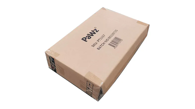 A rectangular cardboard shipping box with a printed product code, barcode, and clear tape A rectangular cardboard shipping box with a printed product code, barcode, and clear tape