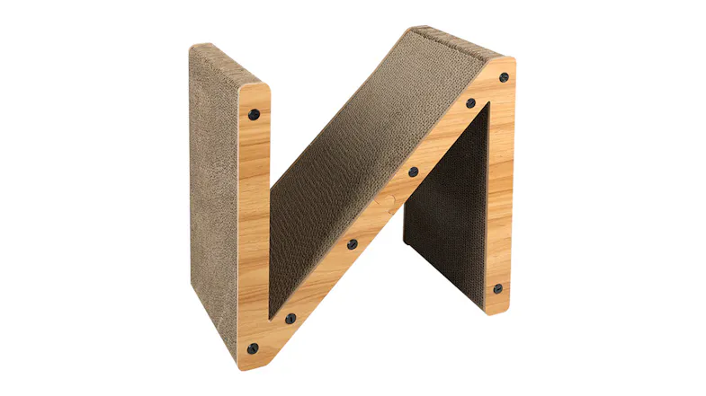 N‑shaped cardboard cat scratcher with angled corrugated panels and wooden sides N‑shaped cardboard cat scratcher with angled corrugated panels and wooden sides