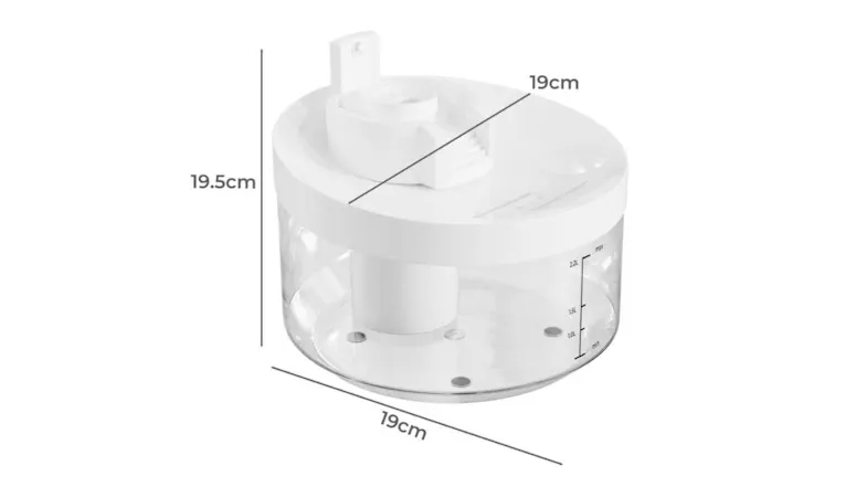 A pet water fountain with its labelled dimensions A pet water fountain with its labelled dimensions