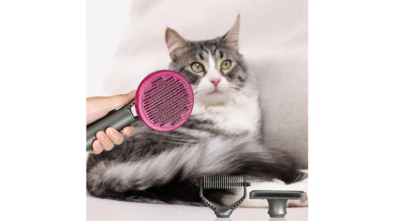 PaWz ConveA cat lying on a sofa is being groomed with a round slicker brush, with two additional grooming attachments displayed belowrtible Pet Grooming Brush Set PaWz ConveA cat lying on a sofa is being groomed with a round slicker brush, with two additional grooming attachments displayed belowrtible Pet Grooming Brush Set