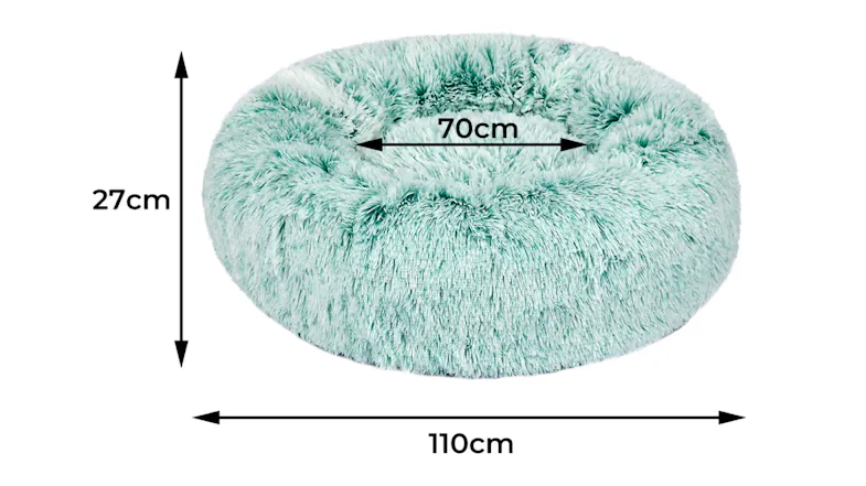 A fluffy, round pet bed with measurements shown for the inner diameter, outer diameter, and height A fluffy, round pet bed with measurements shown for the inner diameter, outer diameter, and height