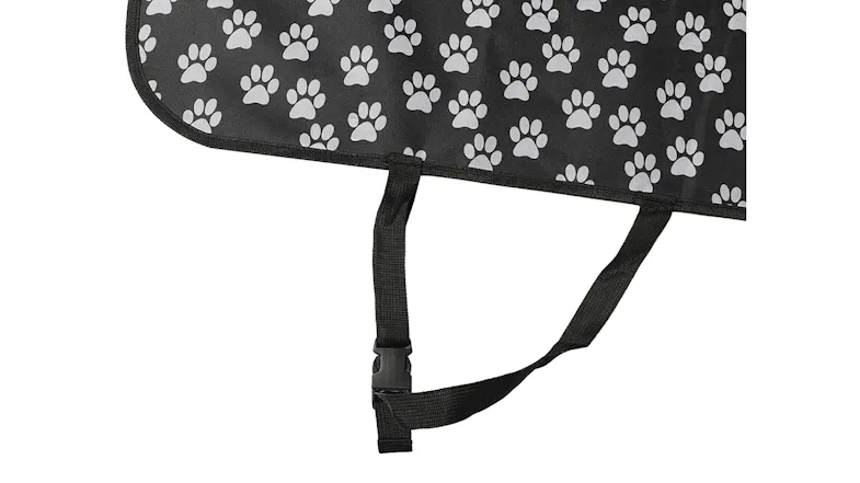 A close-up view of the paw print car seat cover, highlighting the adjustable strap and plastic buckle detail A close-up view of the paw print car seat cover, highlighting the adjustable strap and plastic buckle detail