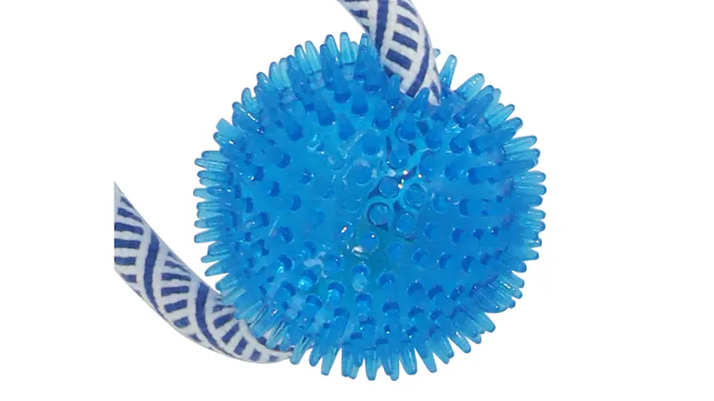 A blue spiky rubber dog ball attached to a patterned rope A blue spiky rubber dog ball attached to a patterned rope