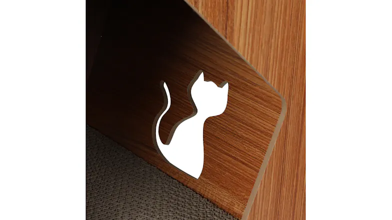 Detail view of wooden cat shelter featuring a cat silhouette opening Detail view of wooden cat shelter featuring a cat silhouette opening