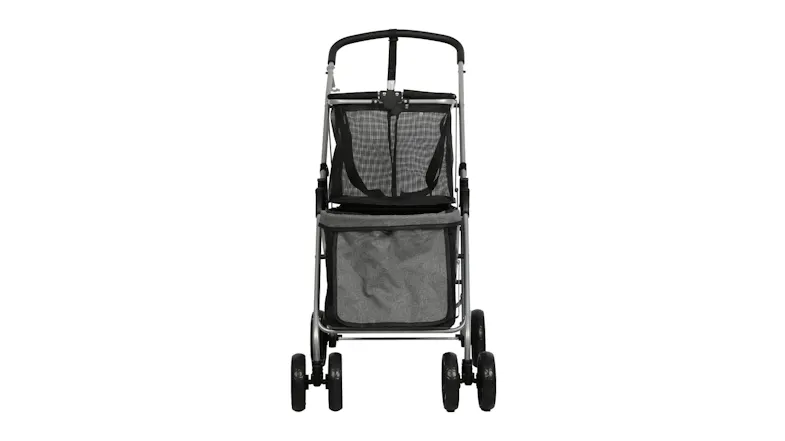 Front view of a black two-tier foldable pet stroller with a mesh upper compartment, a lower storage basket, and four wheels Front view of a black two-tier foldable pet stroller with a mesh upper compartment, a lower storage basket, and four wheels
