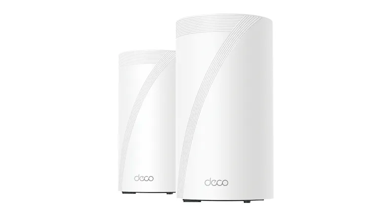 Two TP-Link Deco BE85 units, placed side by side. Two TP-Link Deco BE85 units, placed side by side.