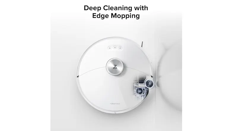 Top-view of a robot vacuum demonstrating deep cleaning and edge mopping features Top-view of a robot vacuum demonstrating deep cleaning and edge mopping features
