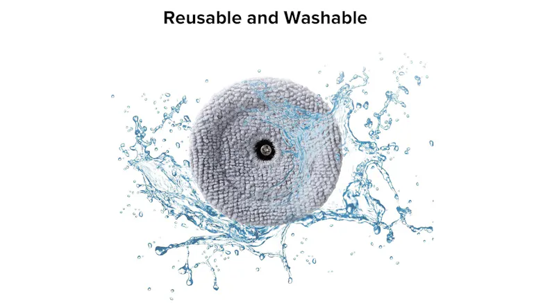 A grey, round microfibre mop pad splashed with water, highlighting that it is reusable and washable A grey, round microfibre mop pad splashed with water, highlighting that it is reusable and washable