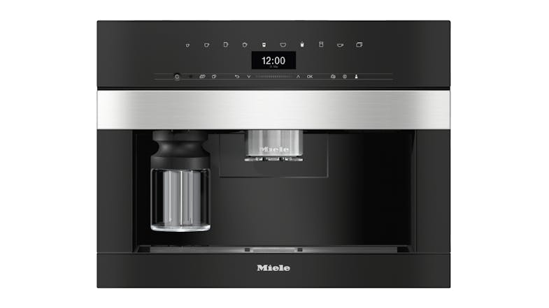 Miele’s built-in coffee machine with a sleek stainless steel finish. Miele’s built-in coffee machine with a sleek stainless steel finish.