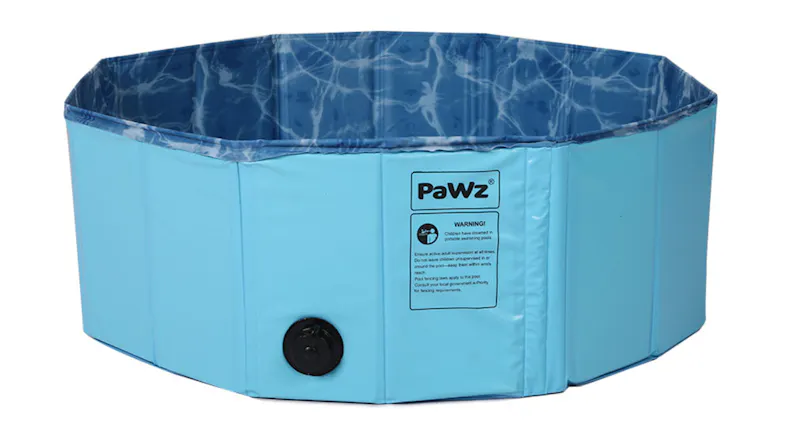 A PaWz folding pet pool featuring a water-blue patterned interior and a side drain plug A PaWz folding pet pool featuring a water-blue patterned interior and a side drain plug