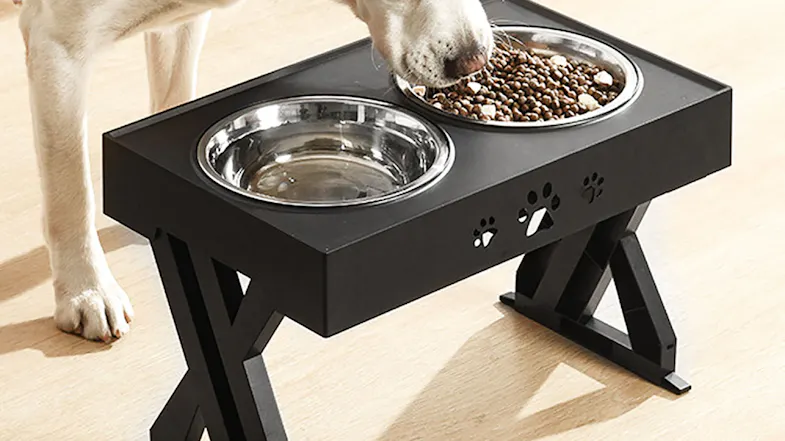 A dog eating from the raised black feeder holding two stainless steel bowls A dog eating from the raised black feeder holding two stainless steel bowls