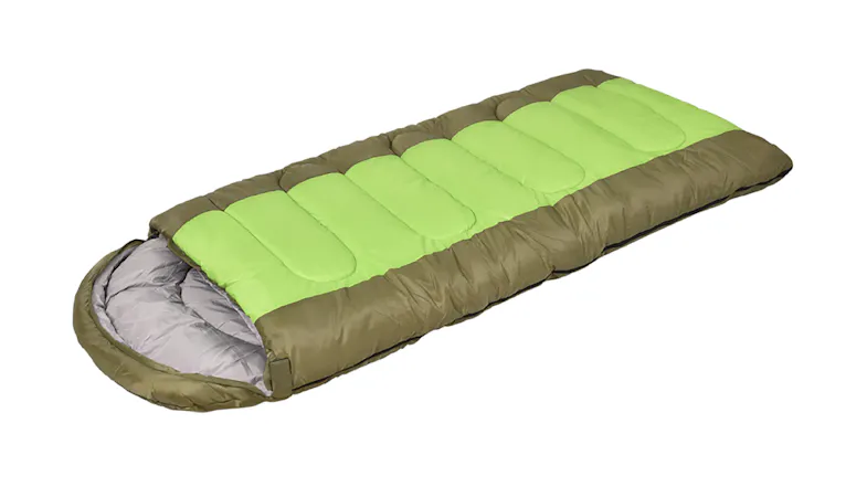 Angled view of a green and brown sleeping bag with padded sections and a hood opening Angled view of a green and brown sleeping bag with padded sections and a hood opening