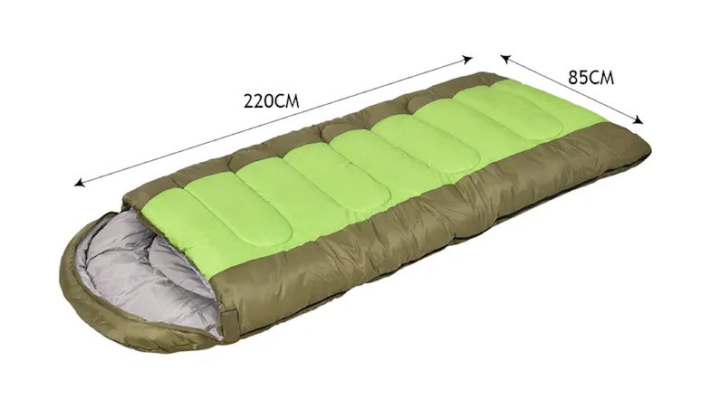 Sleeping bag with dimensions labelled: 220 cm long and 85 cm wide, in a green and brown design Sleeping bag with dimensions labelled: 220 cm long and 85 cm wide, in a green and brown design