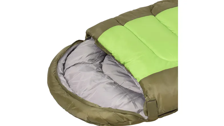 Close-up of a Mountview sleeping bag hood with grey lining and a green padded top section Close-up of a Mountview sleeping bag hood with grey lining and a green padded top section