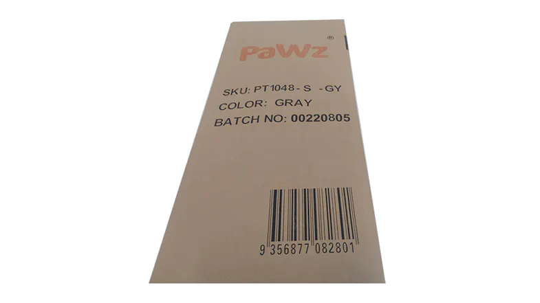A brown cardboard box featuring the PaWz logo, a barcode, and product details, including the SKU, in grey text A brown cardboard box featuring the PaWz logo, a barcode, and product details, including the SKU, in grey text