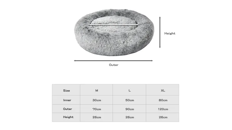 A round, charcoal-finish pet bed with labelled inner, outer, and height dimensions shown above a size chart A round, charcoal-finish pet bed with labelled inner, outer, and height dimensions shown above a size chart