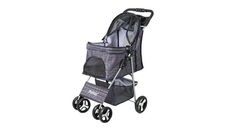 Side view of a plaid PaWz large quad-wheel pet stroller featuring mesh windows and three wheels Side view of a plaid PaWz large quad-wheel pet stroller featuring mesh windows and three wheels