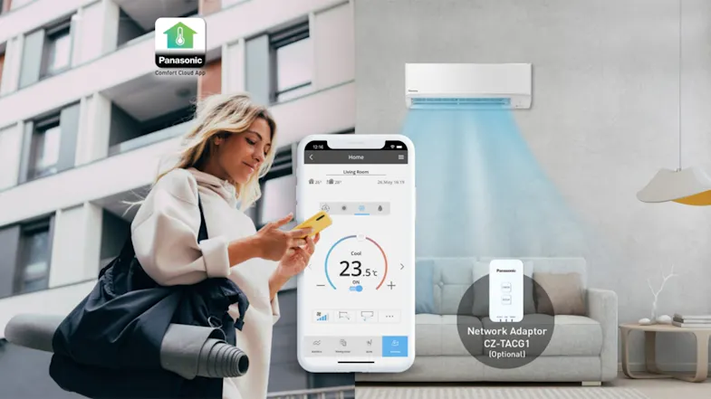 An air conditioner is controlled via the Comfort Cloud App with an optional network adaptor CZ-TACG1 An air conditioner is controlled via the Comfort Cloud App with an optional network adaptor CZ-TACG1