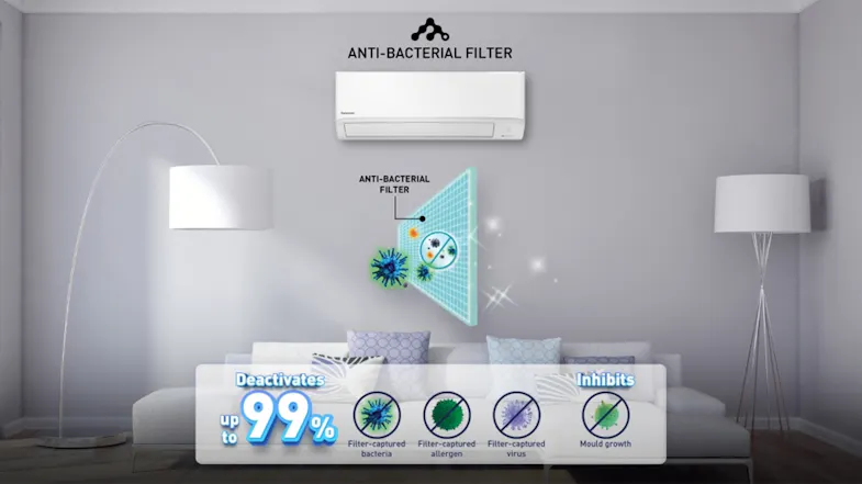 An air conditioner highlighting its anti-bacterial filter that deactivates 99% of bacteria, allergens, viruses and inhibits mould An air conditioner highlighting its anti-bacterial filter that deactivates 99% of bacteria, allergens, viruses and inhibits mould